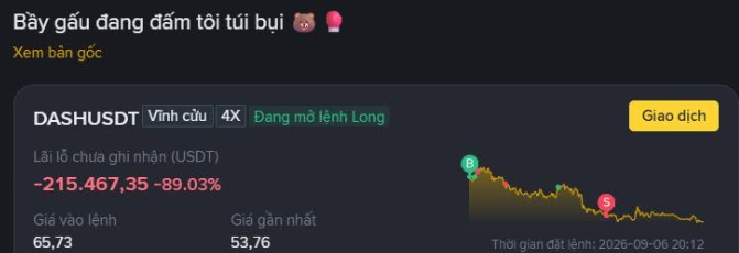 A cryptocurrency price chart for DASHUSDT showing a significant drop of -89.03% to 53.76, with Vietnamese text and bearish emojis.