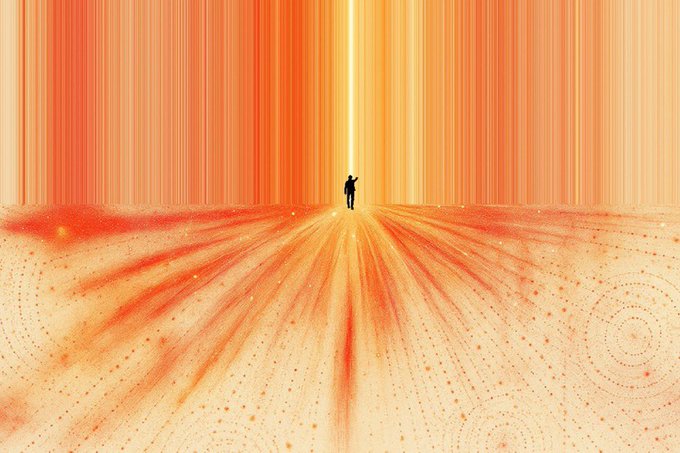 An artistic illustration showing a small, silhouetted figure standing before a massive, glowing vertical beam of orange and yellow light, with light rays radiating outwards across a textured floor.