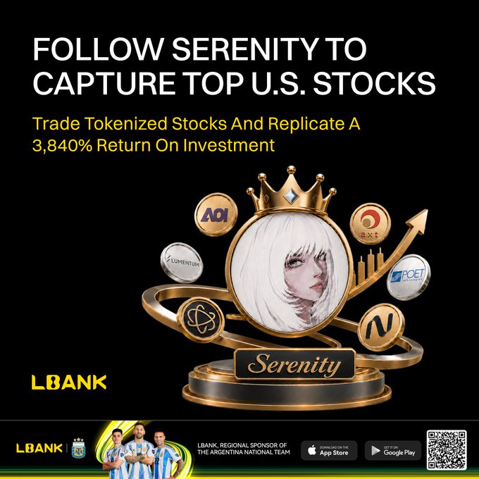 The image features a gold trophy with a picture of a woman wearing a crown, surrounded by various coins and symbols representing different tokens or stocks. The text above the image reads "Follow serenity to capture top U.S. stocks", which suggests that the image is promoting the idea of capturing financial success through trading tokenized stocks.