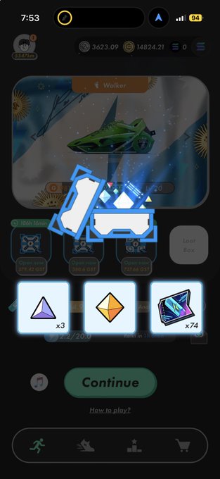A mobile game screen showing a reward interface with triangular gems (x3), a diamond (x2), and a stack of cards (x74), with a green 'Continue' button at the bottom.