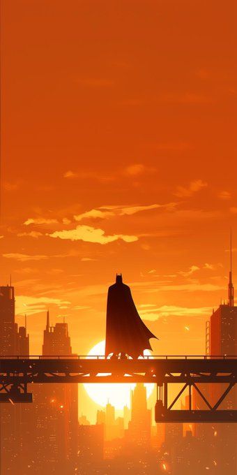 A silhouette of Batman standing on a structure against an orange sunset with a city skyline in the background.