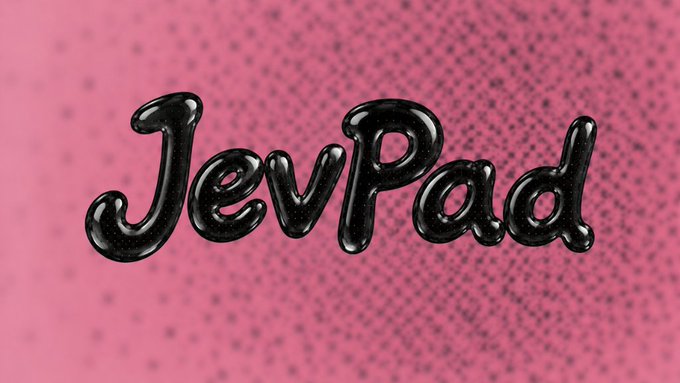 The word 'JevPad' written in a stylized, glossy black, balloon-like font against a textured pink background.