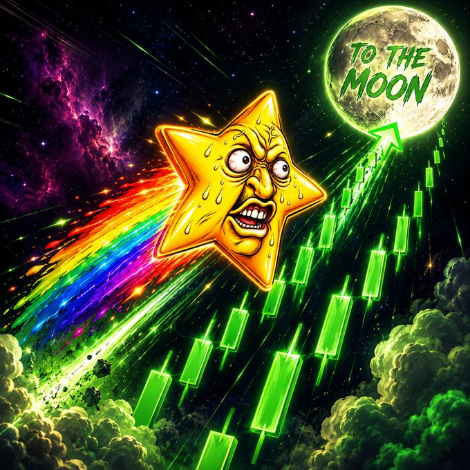 A meme illustration shows an anxious golden star with a face riding a rainbow toward the moon, which reads 'TO THE MOON', with green candlestick chart lines rising diagonally.