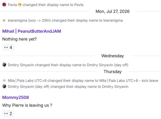 A Discord server activity log shows users Mihail (PeanutButterAndJAM) and Mommy2508 posting about JAM and Pierre's departure, alongside display name changes by Pavla, kianenigma, Dmitry Sinyavin (day off), and Mila (Pala Labs UTC+8) on July 27, 2026. The image relates to the post by highlighting negative sentiment in the Polkadot community about JAM, which the linked Matrix chat ("Alley") aims to counter by inviting frustrated users to join.