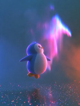 A small animated penguin-like creature floats upward with a glowing, colorful magical aurora emanating behind it against a dark blue background.
