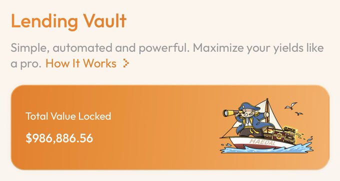 A 'Lending Vault' interface displaying 'Total Value Locked $986,886.56' alongside an illustration of a character in a sailboat labeled 'HARD'.