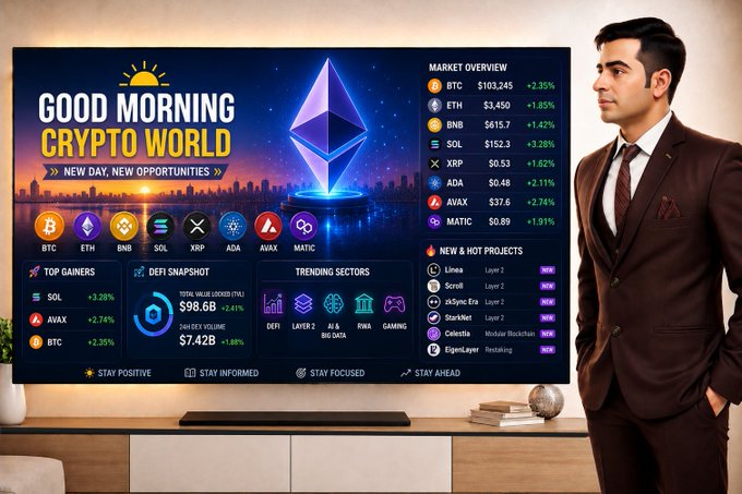A crypto market update screen titled 'GOOD MORNING CRYPTO WORLD' displays prices for BTC ($103,245), ETH ($3,450), BNB ($615.7), SOL ($152.3), XRP ($0.53), ADA ($0.48), AVAX ($37.6), and MATIC ($0.89), alongside top gainers and trending sectors, with a presenter in a brown suit standing beside it.