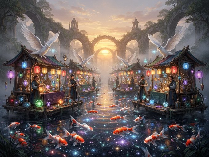 The image features a painting of a floating market scene with people selling goods from boats, surrounded by colorful lanterns that create an enchanting atmosphere. The sky above the water has a beautiful sunset glow, adding to the overall ambiance of the artwork. There are also fish swimming in the water below the boats and people, contributing to the lively and bustling nature of the market scene.