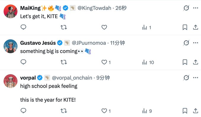 Three crypto influencers express excitement for KITE in the tweet thread: @KingTowdah posts "Let's get it, KITE," @Jpuurnomoa hints "something big is coming," and @vorpal_onchain declares "high school peak feeling — this is the year for KITE!" The enthusiastic posts align with the accompanying post's question about Kite's NFT avatars, suggesting the community is rallying around the project.
