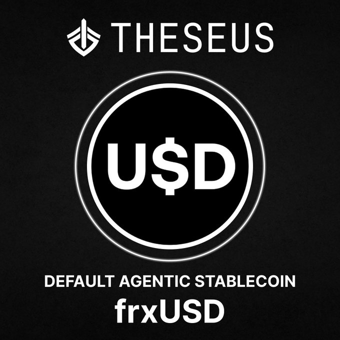The image features a black graphic with the "THESEUS" logo at the top, a large circular "U$D" emblem in the center, and text reading "DEFAULT AGENTIC STABLECOIN" above "frxUSD." This visually reinforces the announcement that Theseus has selected frxUSD as the default stablecoin powering its agentic payments platform.