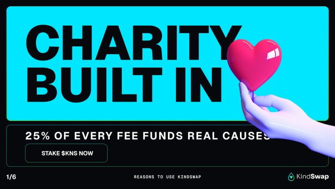 A promotional graphic with cyan background reading 'CHARITY BUILT IN' in bold black text, showing a 3D hand holding a pink heart balloon, advertising that 25% of fees fund real causes on KindSwap.