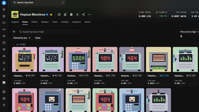 A screenshot of the OpenSea NFT marketplace showing the "Hopium Machines" collection, which displays 15 items with pixel-art style machines featuring "404," "500M," and chart graphics, priced as low as 0.0003 ETH. This relates to the post highlighting a $11 deal for Hopium Machines NFTs that holders of Quotrons404 and realstonkbroker NFTs should consider.