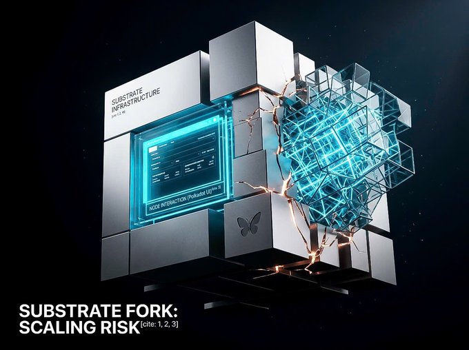 A futuristic digital rendering displays a metallic cube structure with glowing cyan holographic elements emerging from it, featuring the text 'SUBSTRATE INFRA-STRUCTURE' and 'NODE INTERACTION (Probable Lq*=8)' on its panel, alongside a complex geometric lattice of blue illuminated nodes; the title beneath reads 'SUBSTRATE FORK: SCALING RISK (cite: 1, 2, 3)'.