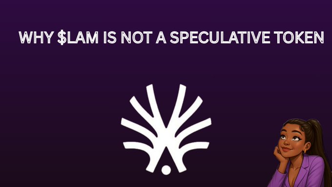The image features a woman with long brown hair, who appears to be looking at something or someone off-camera. The background of the image is purple, which contrasts with her hair color. There are two texts displayed in the image that read "Why $LAM is not a speculative token" and "It's been a great week in the Action Model ecosystem As we gear up for $LAM launch". These texts seem to be related to the discussion about the utility of the token and its impact on the economy within the action model.