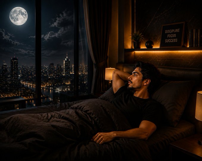 A man lies in bed gazing thoughtfully out at a moonlit cityscape, with a framed sign reading "DISCIPLINE FOCUS SUCCESS" glowing on the shelf above him. The contemplative nighttime scene visually reinforces the post's theme of resting peacefully with clear purpose and ambition.
