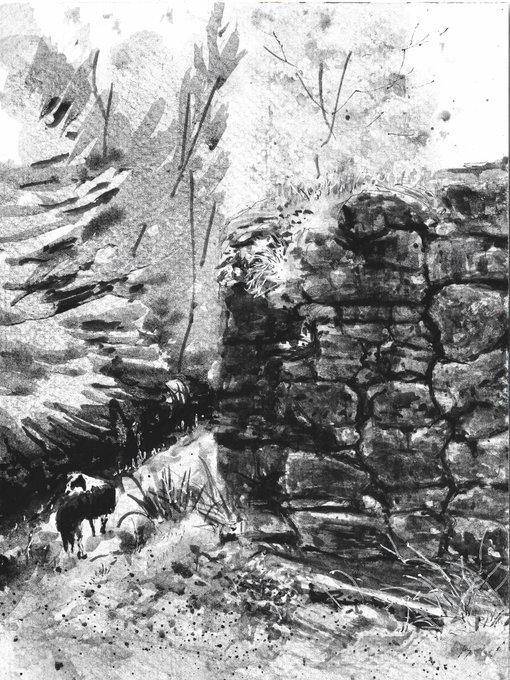 A black and white ink wash painting depicting a rocky path beside a cliff face, with a small figure and animal walking up a slope beneath tall, sparsely-leaved trees.