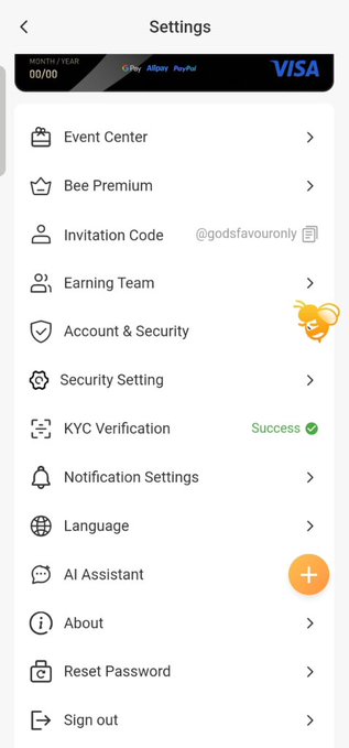 A screenshot of the Bee Network app's Settings menu showing KYC Verification marked as "Success ✓," along with other options like Account & Security, Event Center, and Bee Premium, supporting the post's claim that the user has completed the largest KYC verification batch in the project's history.