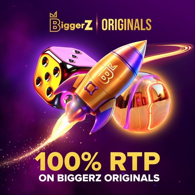 A promotional graphic for 'BiggerZ ORIGINALS' features a 3D rocket with a golden 'BZK' and dice, advertising '100% RTP ON BIGGERZ ORIGINALS'.