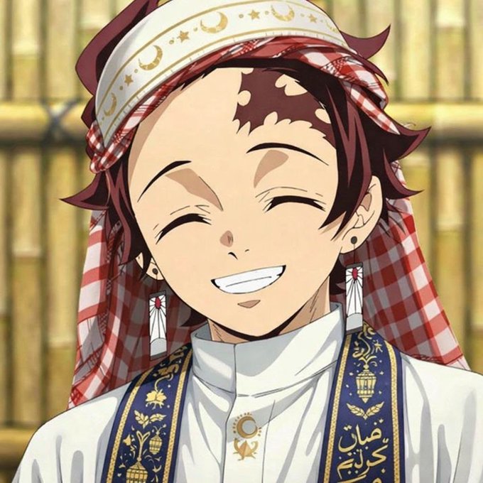 An anime character with red hair smiles brightly, wearing a white headband decorated with gold moons and stars, along with a white outfit featuring blue and gold embroidered details and a checkered scarf.
