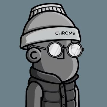 A stylized cartoon illustration of a figure wearing a gray beanie with 'CHROME' written on the brim, round glasses, and a puffer jacket.