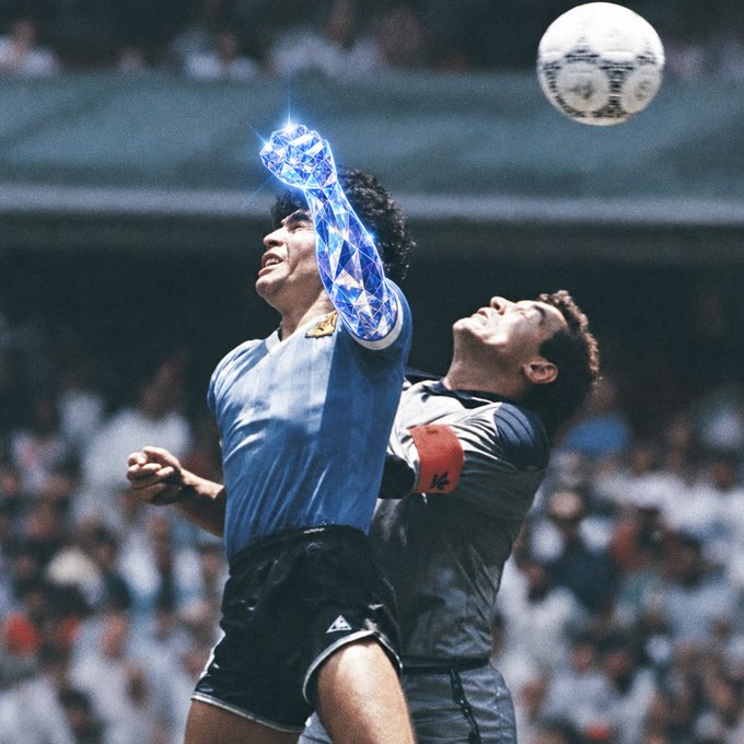 A famous photo of Diego Maradona appearing to score with his hand (the 'Hand of God'), shown with a digitally added diamond glove and the famous World Cup ball.