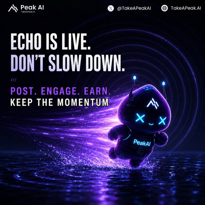 A dark, futuristic purple-toned promotional graphic for "Peak AI" (@TakeAPeakAI) features the brand's blue robotic mascot with glowing "X" eyes running across water, overlaid with the bold text: "ECHO IS LIVE. DON'T SLOW DOWN. POST. ENGAGE. EARN. KEEP THE MOMENTUM." The dynamic, urgent imagery visually reinforces the post's message about taking advantage of the weekend traffic surge before the $1,000 reward pool (mapped to 200K views) is depleted by competing posts.