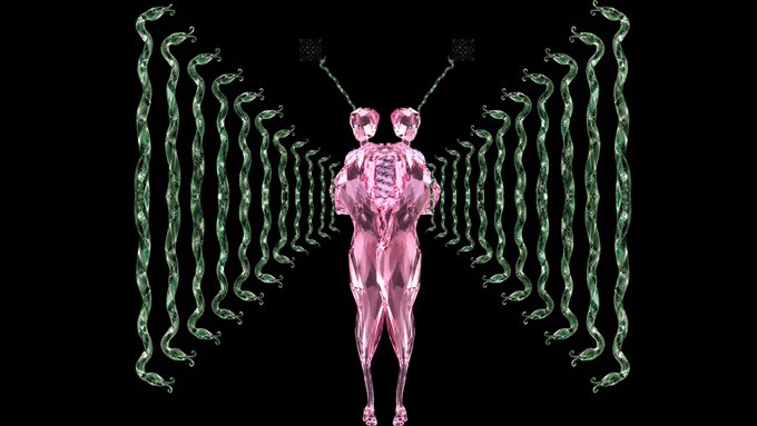 A surreal pink metallic humanoid figure with two heads standing between symmetrical rows of green snakes against a black background.
