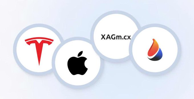 Four circular icons display the logos of Tesla (red "T"), Apple (black apple), XAGm.cx (text), and an orange-blue droplet emblem, set against a light background with overlapping rings.

The image visually represents the major platforms involved in the tokenized stock market, with the accompanying post noting that three major exchanges dominate the market as tokenized stock shares have tripled to reach about 15% market share and $2.8 billion in total capitalization since early 2026.