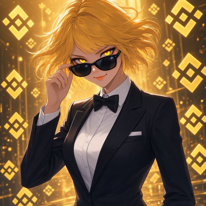 An anime-style illustration depicts a woman with short blonde hair, glowing yellow eyes, and a black tuxedo, lowering her dark sunglasses against a gold geometric background.