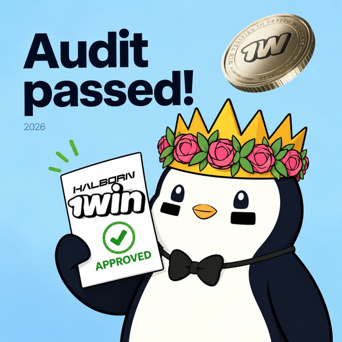 A cartoon penguin character wearing a flower and gold crown and a black bow tie, holding an 'APPROVED' document with a Halborn 1Win logo, alongside text reading 'Audit passed! 2026' and a gold 1Win coin.
