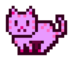 A pixel art illustration of a pink cat with darker pink stripes, spots, and ears, standing on four legs with its tail curled up.