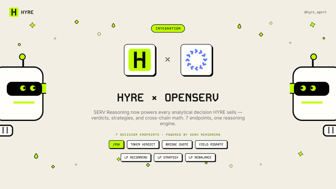 The image features a website with two robot heads facing each other against a white background. The text "Hype" and "Openerv" are displayed above the robots' heads, while "Openerv" and "Openerv" are below them. The website is titled "Hype + Openerv", and it appears to be a cross-chain agent protocol backed by Alchemy and @solana. The post also mentions that the protocol has been deployed into their production stack, and it's live now.