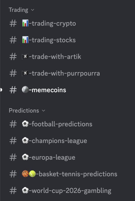 Discord server channel list showing categories for Trading (crypto, stocks, trade-with-artik, trade-with-purrpourra, memecoins) and Predictions (football, champions-league, europa-league, basket-tennis, world-cup-2026-gambling).