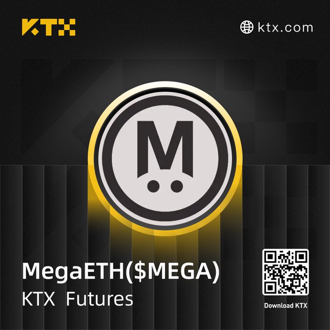 The image features a black background with a gold circle containing a white "M" logo at its center. Below this logo, there's text that reads " megaeth ( $MEGA ) future(s) KTX Futures". The text also includes a code for a free download of the post and a link to the post itself.