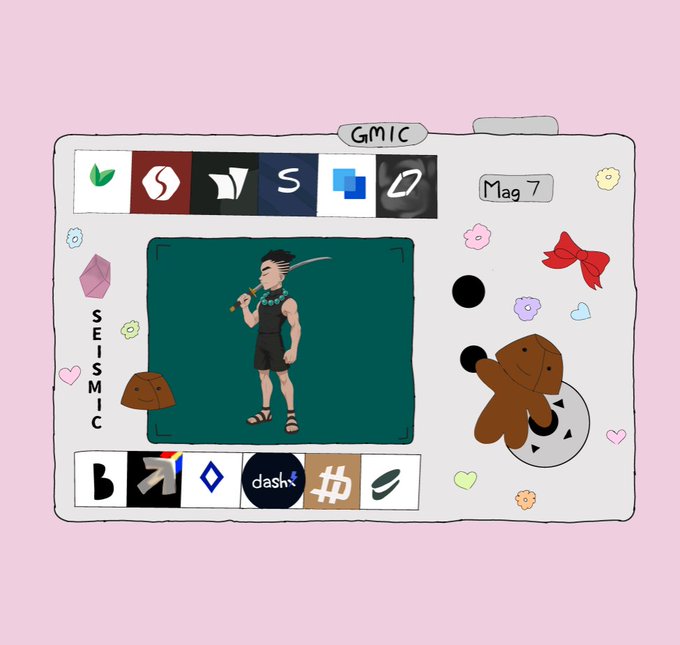 The image features a cartoon drawing of a man holding a sword with a dog standing next to him. The background of the image has various stickers, including one that says "seismic" and another that says "dashes". There are also some other stickers on the image, such as a heart, a dollar sign, and an arrow pointing downwards. The image is accompanied by a caption that reads: "Thank you @emile2604 for this Seismic maxi card. I like it."