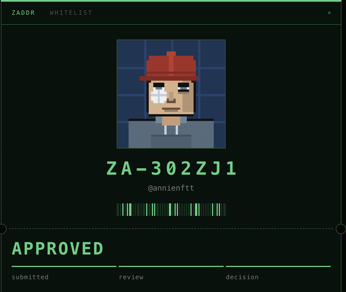 A ZADDR whitelist approval screen showing a pixel-art character in a red hat with the ID 'ZA-3022J1', username '@annienftt', and status 'APPROVED'.