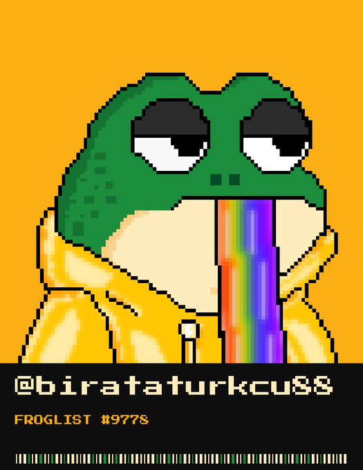A pixel art image of Pepe the Frog wearing a yellow hoodie, vomiting rainbows, with text reading '@birataturkcu88' and 'FROGLIST #9778' on a black bar.