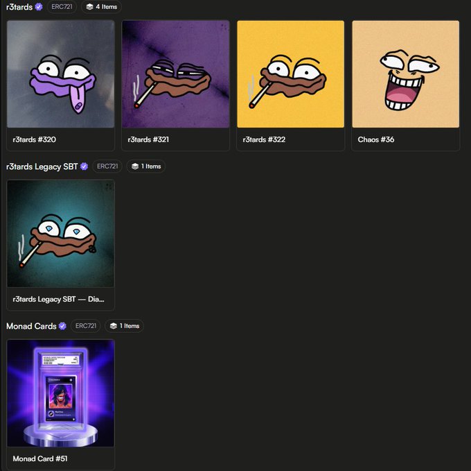 A screenshot of an NFT collection page showing various 'r3tards' and 'Monad Cards' items, including cartoon faces and a graded card.