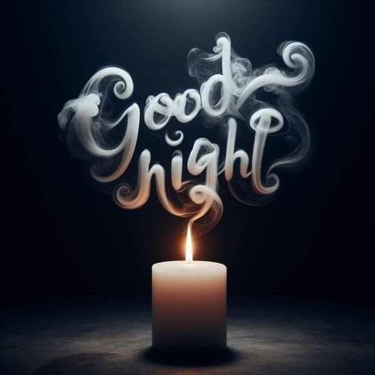 'Good Night' written in elegant script formed by candle smoke rising from a lit white candle on a dark surface.