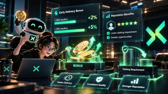 A person works on a laptop alongside a white robot, with digital overlays for 'Reputation Benefits' including '+2%' and '+5%' bonuses, plus 'Faster Delivery', 'Consistent Quality', and 'Stronger Reputation'.