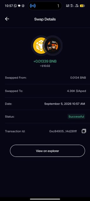 A mobile phone screenshot of a 'Swap Details' screen showing a successful transaction swapping 0.0134 BNB for 4.36K $IAped, valued at approximately $10.02, dated September 5, 2026.