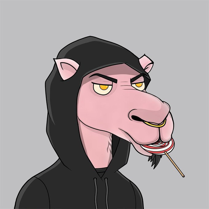 An animated illustration of a pink hippopotamus wearing a black hooded sweatshirt, featuring a nose ring, yellow eyes, and a lollipop in its mouth.