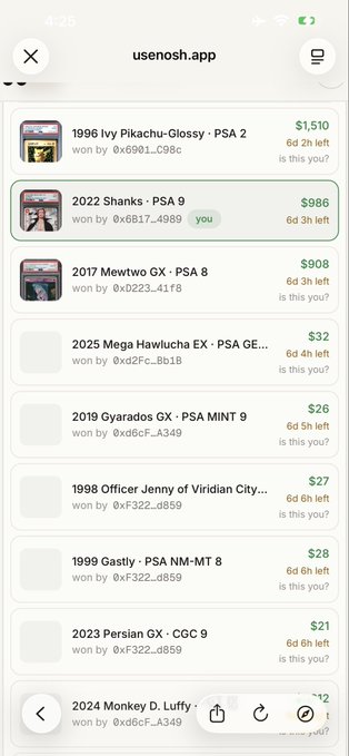 Screenshot of usenosh.app displaying a marketplace listing of Pokémon trading cards with PSA grades and prices, including 1996 Ivy Pikachu-Glossy PSA 2 for $1,510, 2022 Shanks PSA 9 for $986, 2017 Mewtwo GX PSA 8 for $908, and others.