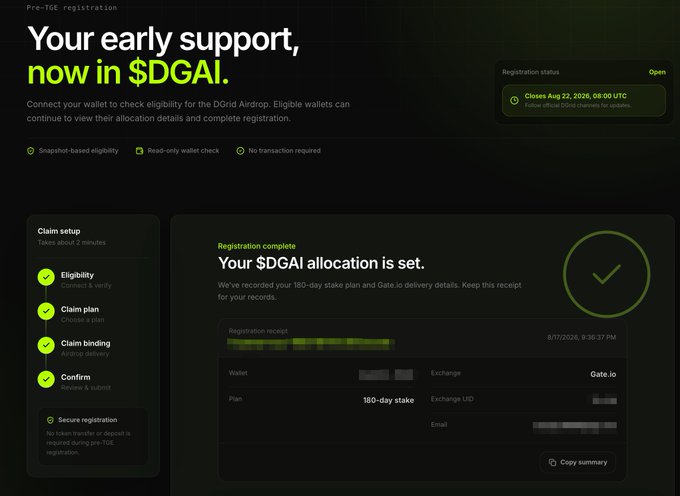 A dark-themed web page titled 'Your early support, now in $DGAI' showing a successful pre-TGE registration receipt for a 180-day stake on Gate.io, with registration closed on Aug 22, 2026.