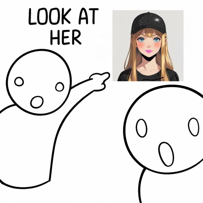 The image features two cartoon characters, one of which has blonde hair and is wearing a baseball cap. The other character appears to be a person with wide eyes, as if they are surprised or shocked by something. The caption below the image reads "LOOK AT HER: She thinks Base will give a bigger airdrop than Arbitrum". This suggests that the characters in the image might be reacting to an event involving a base and an armband.