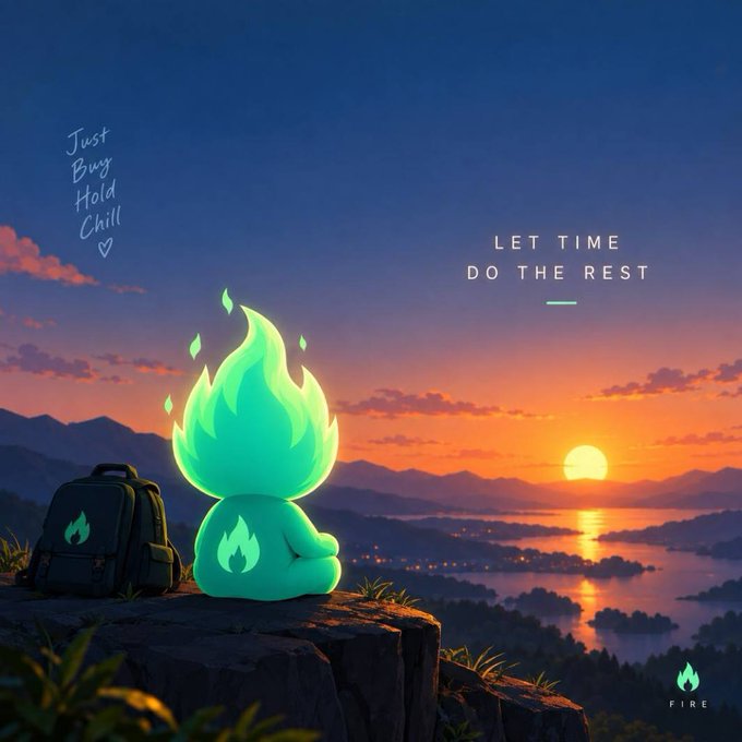 A digital illustration showing a small green flame-headed character sitting on a cliff at sunset with a backpack beside it, featuring the text 'Just Buy Hold Chill', 'LET TIME DO THE REST', and a 'FIRE' logo.