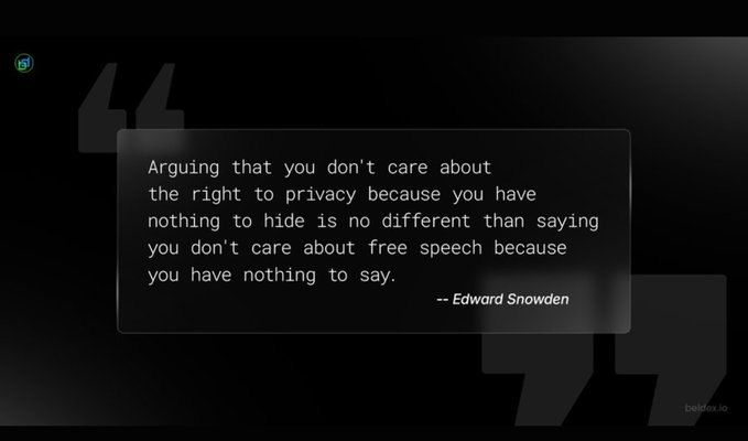 A quote graphic features an Edward Snowden citation on a dark background: 'Arguing that you don't care about the right to privacy because you have nothing to hide is no different than saying you don't care about free speech because you have nothing to say.'