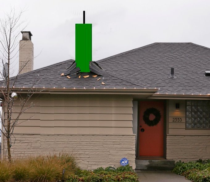 A house with a green candlestick chart crashing through its roof, illustrating a dramatic market decline.