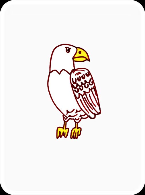 A simple cartoon drawing of a bald eagle in red, white, and yellow with a prominent yellow beak and talons.