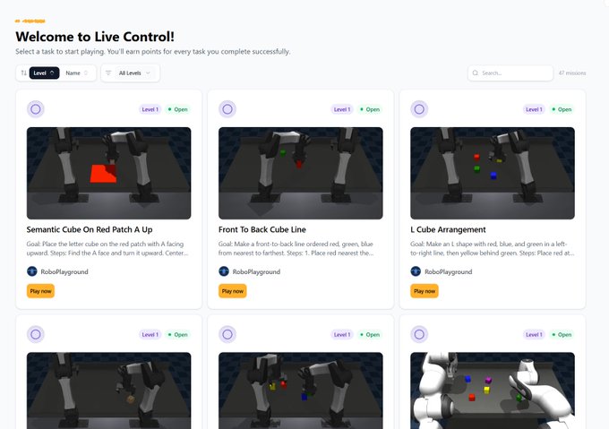 A screenshot of a web platform titled 'Welcome to Live Controll!' displaying robotics simulation tasks like 'Semantic Cube On Red Patch A Up', 'Front To Back Cube Line', and 'L Cube Arrangement' with 'Level 1 Open' and 'Play now' buttons.